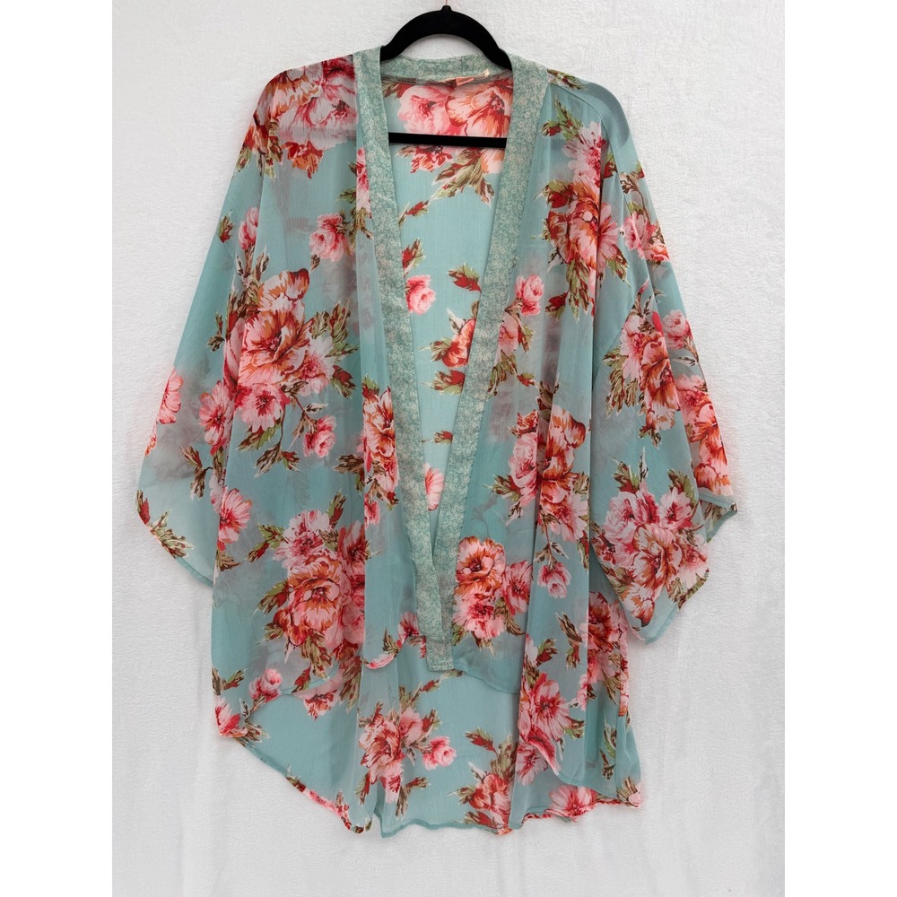 Band of Gypsies Women Aqua Pink Floral Sheer Chiffon Kimono Cardigan M/L Boho